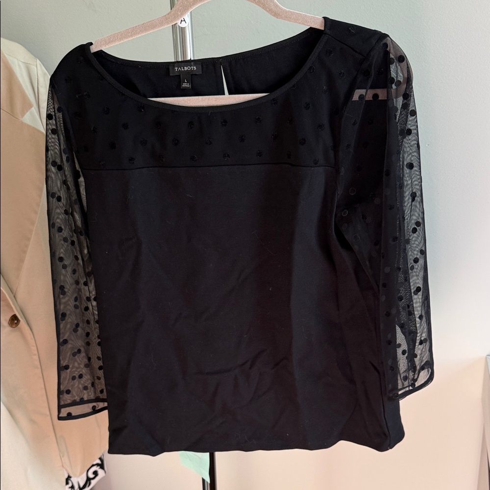 Talbots Black Blouse with Sheer Polka Dot Sleeves